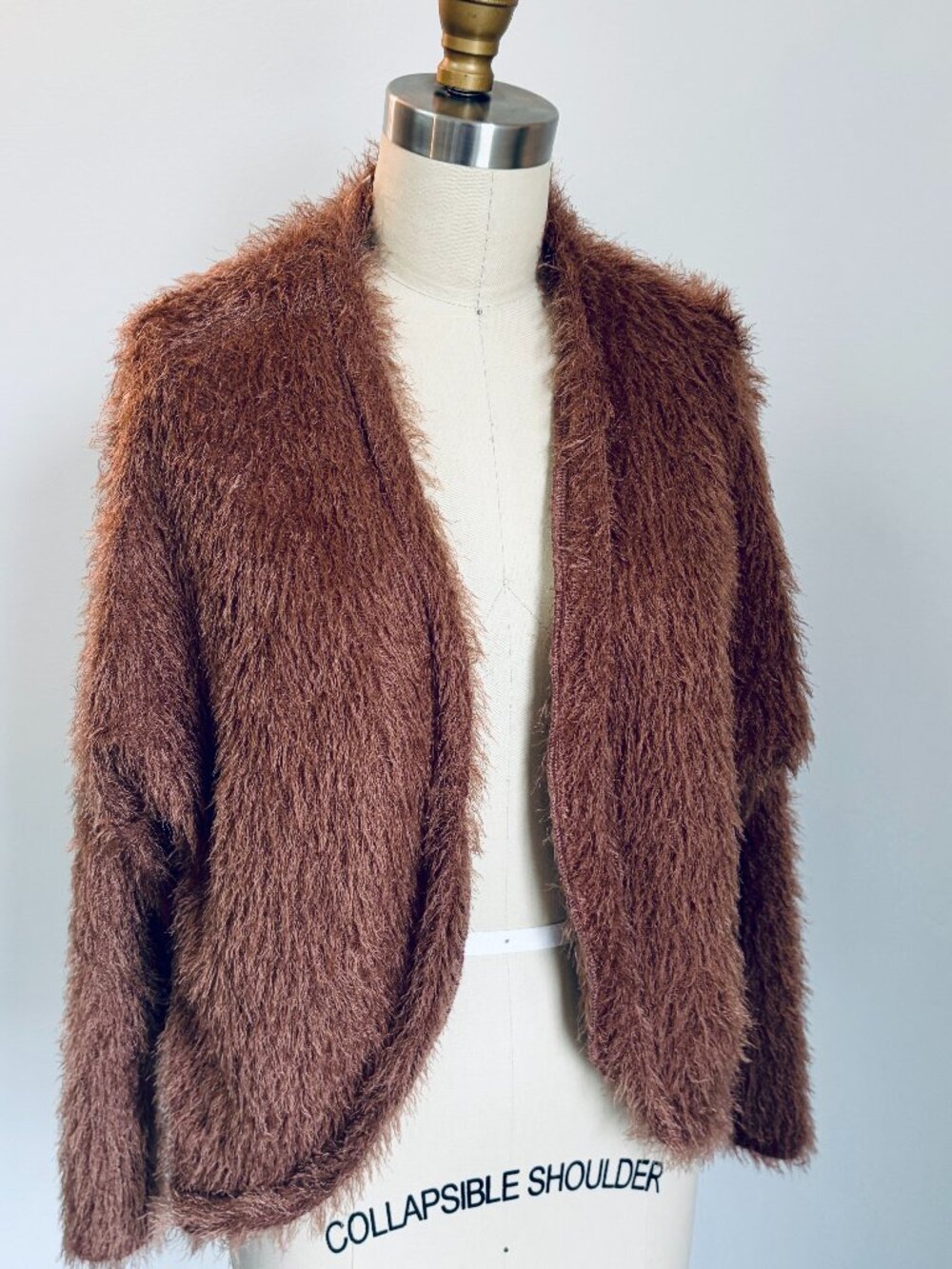 Another Reason Mauve Brown Fuzzy Shaggy Eyelash Open Front Cardigan Y2K- Small